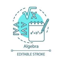 algebra concept icoon. geavanceerde berekeningen, geavanceerde algebra-idee dunne lijnillustratie leren. algebraïsche vergelijkingen, meer en minder teken. vector geïsoleerde overzichtstekening. bewerkbare streek