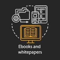 ebooks en whitepapers krijt concept icoon. content marketing kanalen idee. elektronisch boek. afstand leren. e-learning, virtuele bibliotheek... vector geïsoleerde schoolbordillustratie