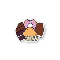 snoep patch. banketbakkerij. chocoladereep, donut, muffin met rozijnen, ijs. kleur sticker. vector geïsoleerde illustratie