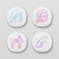 schoonheid apparaten app pictogrammen instellen. mee-eter verwijderaar, therapie gezichtsmasker, body massager en scheerapparaat. cosmetische instrumenten. ui ux-gebruikersinterface. web applicaties. geïsoleerde vectorillustraties vector