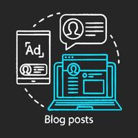 blog posts krijt concept icoon. inhoud optimalisatie idee. bewustzijn inhoud, bloggen. targetingstrategie, reclame, smm. marketing kanaal. vector geïsoleerde schoolbordillustratie