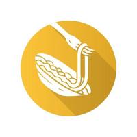 pasta op vork platte ontwerp lange schaduw glyph pictogram. spaghetti, macaroni, noedels. biologische maaltijd. traditioneel Italiaans eten. natuurlijk eten. restaurant, cafémenu. vector silhouet illustratie