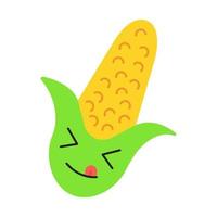 maïs schattig kawaii plat ontwerp lange schaduw karakter. vrolijke groente met uitgestoken tong en gesloten ogen. lachend eten. grappige emoji, emoticon, genieten. vector geïsoleerde silhouetillustratie