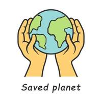 opgeslagen planeet kleur icoon. duurzaamheid van het milieu. wereldbescherming en wereldwijde aardedag. handen met planeet. milieuvriendelijke omgeving. ecologie, natuurbehoud. geïsoleerde vectorillustratie vector
