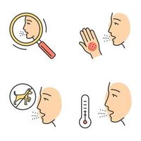 allergieën kleur pictogrammen instellen. allergische reacties en diagnose. luchtweg- en huidaandoeningen. gezondheidszorg. overgevoeligheid van het immuunsysteem. medisch probleem. geïsoleerde vectorillustraties vector