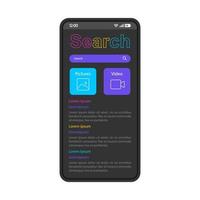 internet zoeken smartphone interface vector sjabloon. mobiele app pagina zwarte ontwerplay-out. online browser, zoekbalkscherm. platte ui voor toepassing. laatste nieuws, foto's, video's. telefoon display