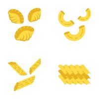 pasta noedels platte ontwerp lange schaduw kleur iconen set. verschillende mediterrane macaroni. schelpen, ellebogen, penne, lasagnebladen. traditionele Italiaanse keuken. vector silhouet illustraties