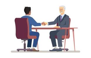 senior baas huren werknemer platte vectorillustratie. werkgever handshaking met nieuwe werknemer, werkzoekende stripfiguren. topmanager, recruiter en vacaturekandidaat. succesvol sollicitatiegesprek vector