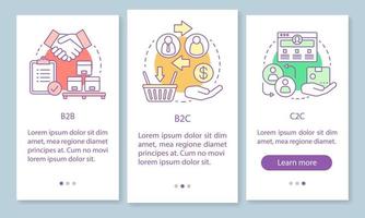 zakelijke marketing onboarding mobiele app paginascherm met lineaire concepten. b2b, b2c, c2c walkthrough stappen grafische instructies. vormen van zaken. ux, ui, gui vectorsjabloon met illustraties vector