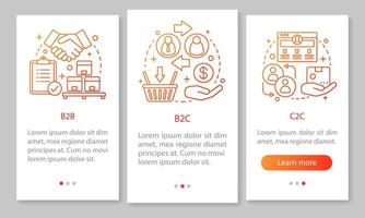 zakelijke marketing mobiele app pagina scherm vector sjabloon. b2b, b2c, c2c zaken. walkthrough website stappen, lineaire illustraties. interactie tussen verkoper en klant. ux, ui smartphone-interfaceconcept