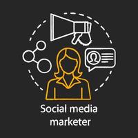 social media marketeer krijt concept icoon. idee voor digitale marketingspecialiteit. inhoud maken en delen. media netwerk. blogger, tekstschrijver. vector geïsoleerde schoolbordillustratie