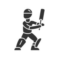 cricket speler glyph pictogram. batsman klaar om van het veld te vechten. cricketspeler in uniform, beenbeschermers met vleermuis. sportwedstrijd, toernooi. silhouet symbool. negatieve ruimte. vector geïsoleerde illustratie