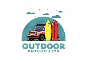 kleine auto en twee surfplanken illustratie vector