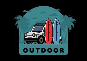 kleine auto en twee surfplanken illustratie vector