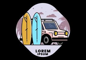 kleine auto en twee surfplanken illustratie vector