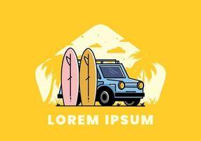 kleine auto en twee surfplanken illustratie vector