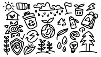 eco milieu en energie besparen campagne icon set hand getrokken doodle schets vector sjabloon illustratie collectie voor onderwijs en kleurboek