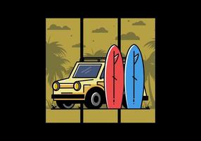 kleine auto en twee surfplanken illustratie vector