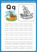 alfabet letter q met cartoon woordenschat voor het kleuren van boekillustratie, vector