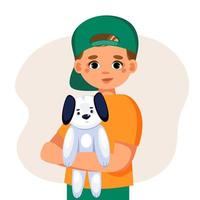 babyjongen met speelgoedhond in zijn handen. liefdadigheidsvereniging die de organisatie van weeskinderen beschermt en opvoedt. concept van liefdadigheidsondersteuning van kinderen. vectorillustratie. vector