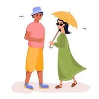 mensen beschermen de huid tegen uv-licht met paraplu, kleding, panamahoed en zonnebril. platte vectorillustratie. vector