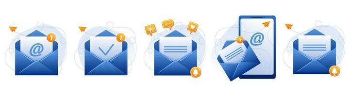 blauwe open mail enveloppen met e-mail teken, nieuw bericht, brief, vinkje. het verzenden van reclame-e-mails, het aanbieden van korting, verkoop. e-mailbeheerconcept. vectorpictogrammen instellen. vector