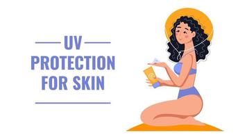 banner met meisje dat spf-gel gebruikt. concept van uv-bescherming voor de huid, gezondheidszorg, bescherming tegen zonnebrand, preventie van huidkanker. vectorillustratie in vlakke stijl. vector