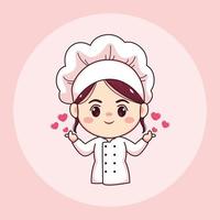 schattig en kawaii vrouwelijke chef-kok of bakker met liefde teken cartoon manga chibi vector character design