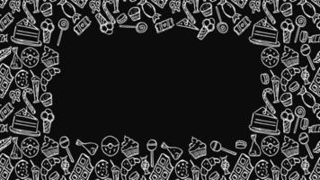 horizontaal naadloos patroon met snoep en plaats voor tekst. doodle vector met snoep pictogrammen op zwarte achtergrond. vintage snoep illustratie