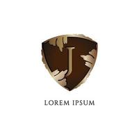 luxe decoratieve metalen gouden schild teken illustratie. letter j alfabet logo ontwerpsjabloon. eerste abjad logo concept. bescherming, bewaker, beveiliging. logo van verzekeringsmaatschappij vector