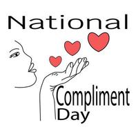 nationale complimentendag, symbolische richting van harten met handen en thema-inscriptie vector