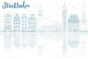 schets de skyline van Stockholm met blauwe gebouwen en reflecties. vector