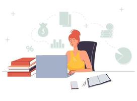 jonge vrouw kantoormedewerker studeer online op laptop vector