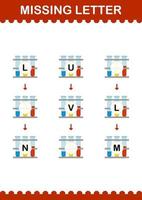 ontbrekende letter met reageerbuis. werkblad voor kinderen vector