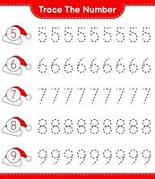 het nummer traceren. traceringsnummer met kerstmuts. educatief kinderspel, afdrukbaar werkblad, vectorillustratie vector