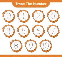 het nummer traceren. traceernummer met cookie. educatief kinderspel, afdrukbaar werkblad, vectorillustratie vector