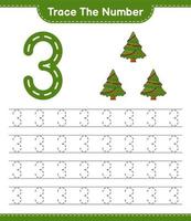 het nummer traceren. traceringsnummer met kerstboom. educatief kinderspel, afdrukbaar werkblad, vectorillustratie vector