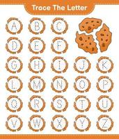 de brief traceren. tracering letter alfabet met cookie. educatief kinderspel, afdrukbaar werkblad, vectorillustratie vector