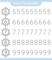 het nummer traceren. traceringsnummer met sneeuwvlok. educatief kinderspel, afdrukbaar werkblad, vectorillustratie vector