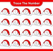 het nummer traceren. traceringsnummer met kerstmuts. educatief kinderspel, afdrukbaar werkblad, vectorillustratie vector