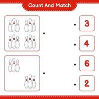 tel en match, tel het aantal bowlingpins en match met de juiste nummers. educatief kinderspel, afdrukbaar werkblad, vectorillustratie vector