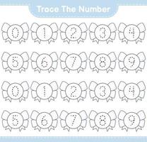 het nummer traceren. traceringsnummer met lint. educatief kinderspel, afdrukbaar werkblad, vectorillustratie vector