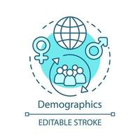 demografie turquoise concept icoon. wereldwijde bevolking idee dunne lijn illustratie. verschillende samenlevingen, culturen, etniciteit, geslacht, regio, leeftijden vector geïsoleerde overzichtstekening. bewerkbare streek