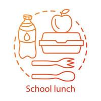 schoolkantine, lunchconcept icoon. catering reclame idee dunne lijn illustratie. melkfles, lunchdoos, appel en plastic bestek vector geïsoleerde overzichtstekening. studentenvoeding