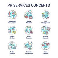 pr-services concept pictogrammen instellen. promotiestrategie voor bedrijven. reclamebureau idee dunne lijn kleur illustraties. geïsoleerde symbolen. bewerkbare streek. vector