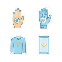 NFC-technologie gekleurde pictogrammen instellen. near field hand sticker, implantaat, kleding, smartphone. geïsoleerde vectorillustraties vector