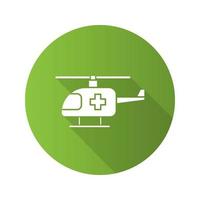 medische helikopter plat ontwerp lange schaduw glyph pictogram. lucht ambulance. vector silhouet illustratie