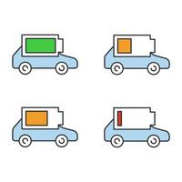 elektrische auto batterij opladen kleur iconen set. indicator van het batterijniveau van de auto. hoge, midden en lage lading. milieuvriendelijke auto. geïsoleerde vectorillustraties vector