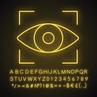 retina scan neonlicht icoon. irisherkenning. ogen scannen. gloeiend bord met alfabet, cijfers en symbolen. biometrische identificatie. optische herkenning. vector geïsoleerde illustratie