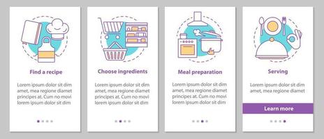 catering onboarding mobiele app paginascherm met lineaire concepten. het kiezen van recepten, ingrediënten, voedselbereiding, grafische instructies voor het serveren van stappen. ux, ui, gui vectorsjabloon met illustraties vector